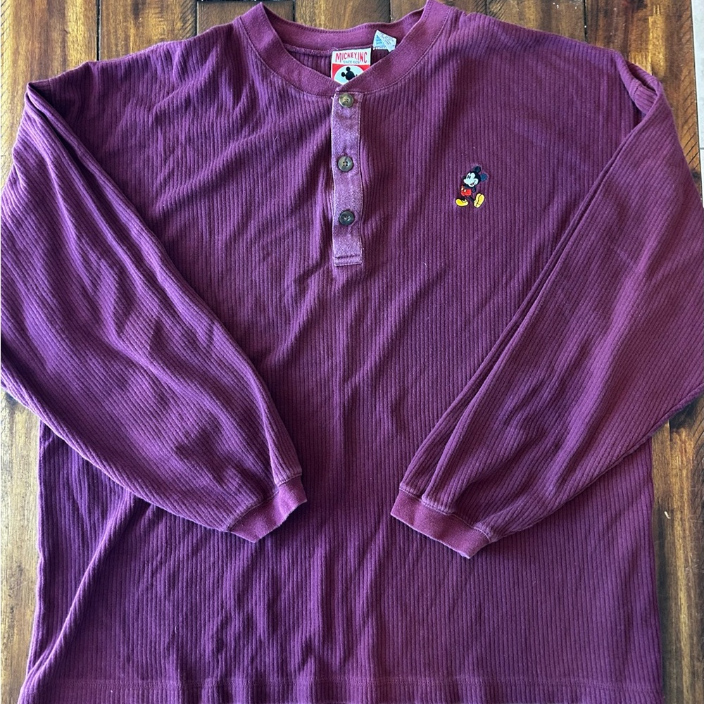 Disney Vintage Mickey Inc Burgundy Long Sleeve Henley Shirt
